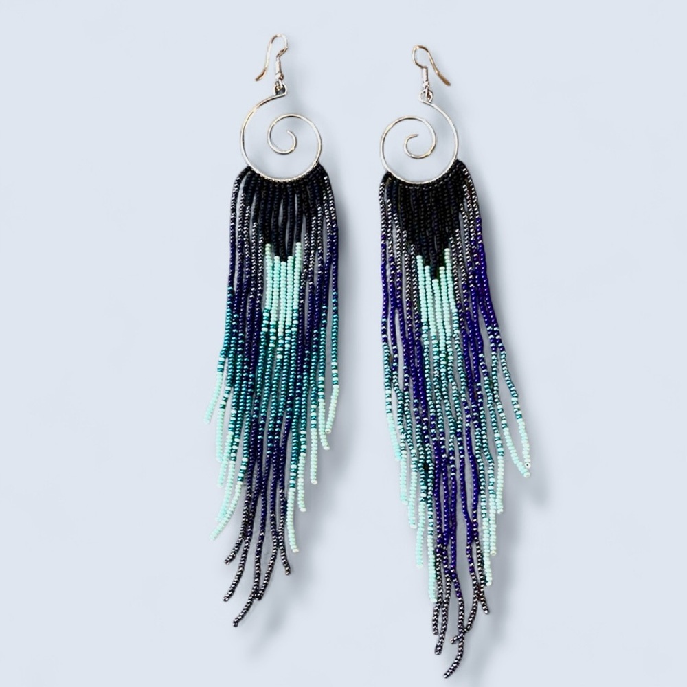 Who’s got the blues? Hand Beaded Chandelier Beaded Earrings Blues Purples - Picture 3 of 17